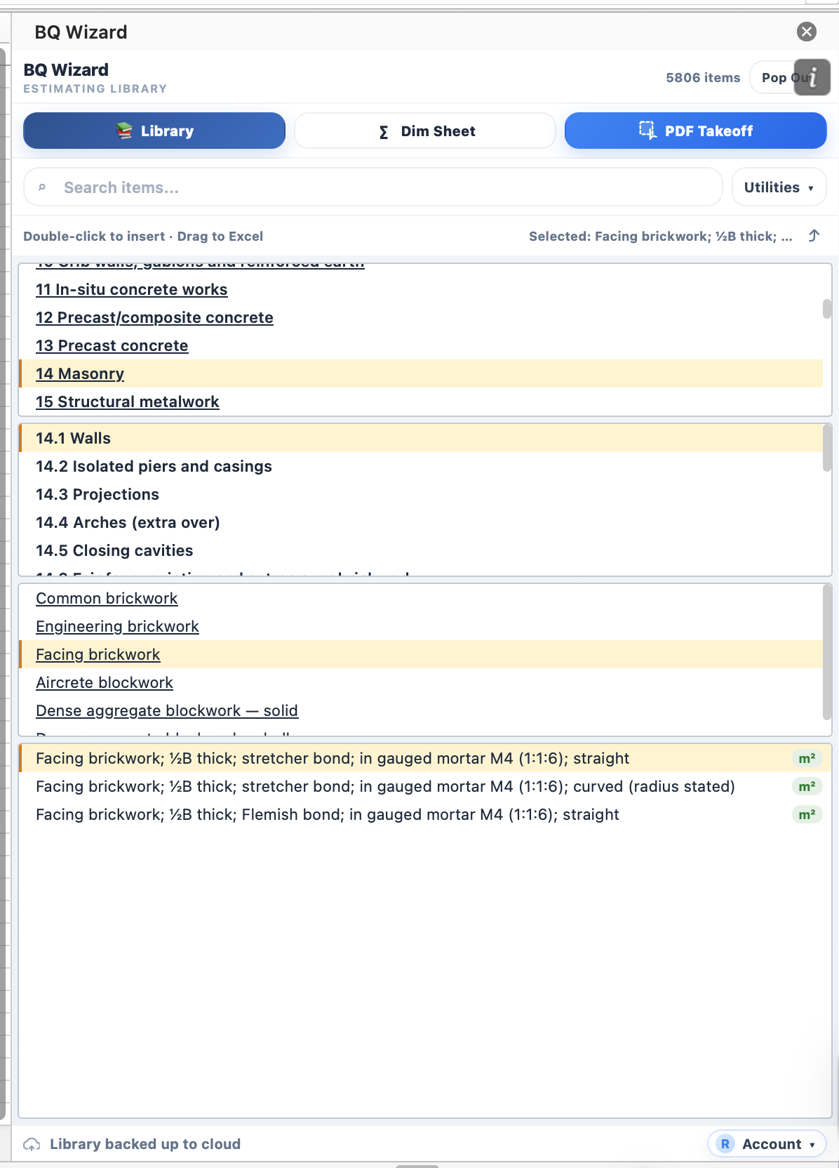 BQ Wizard estimating library in the Excel task pane, showing 5,806 NRM/SMM items.