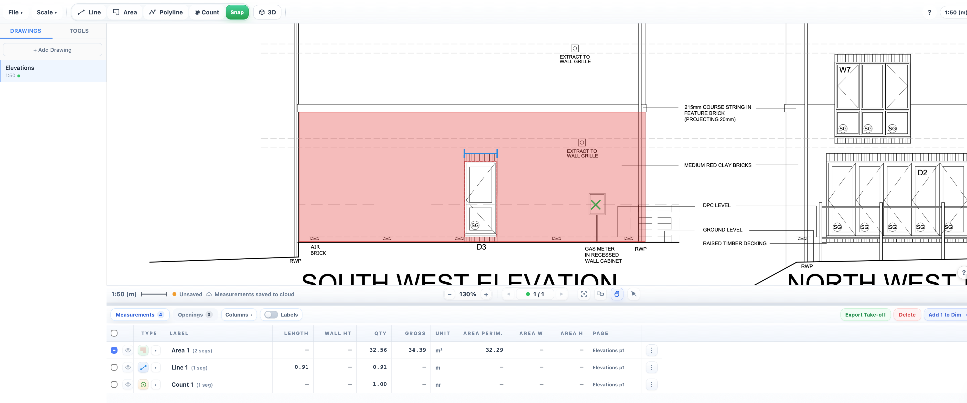 PDF plan take-off with an area measurement on a brickwork elevation.