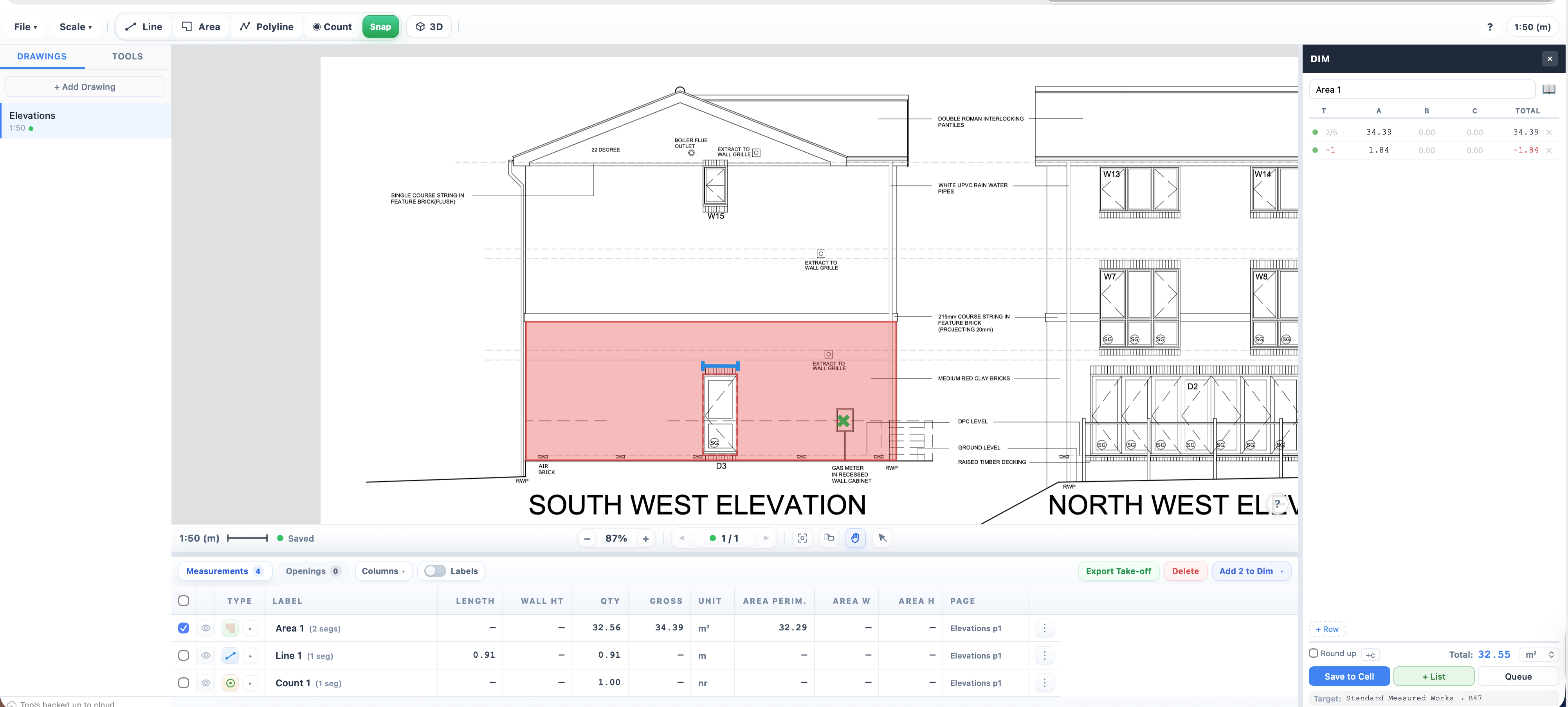 PDF take-off with the dimension panel showing a deduction row.