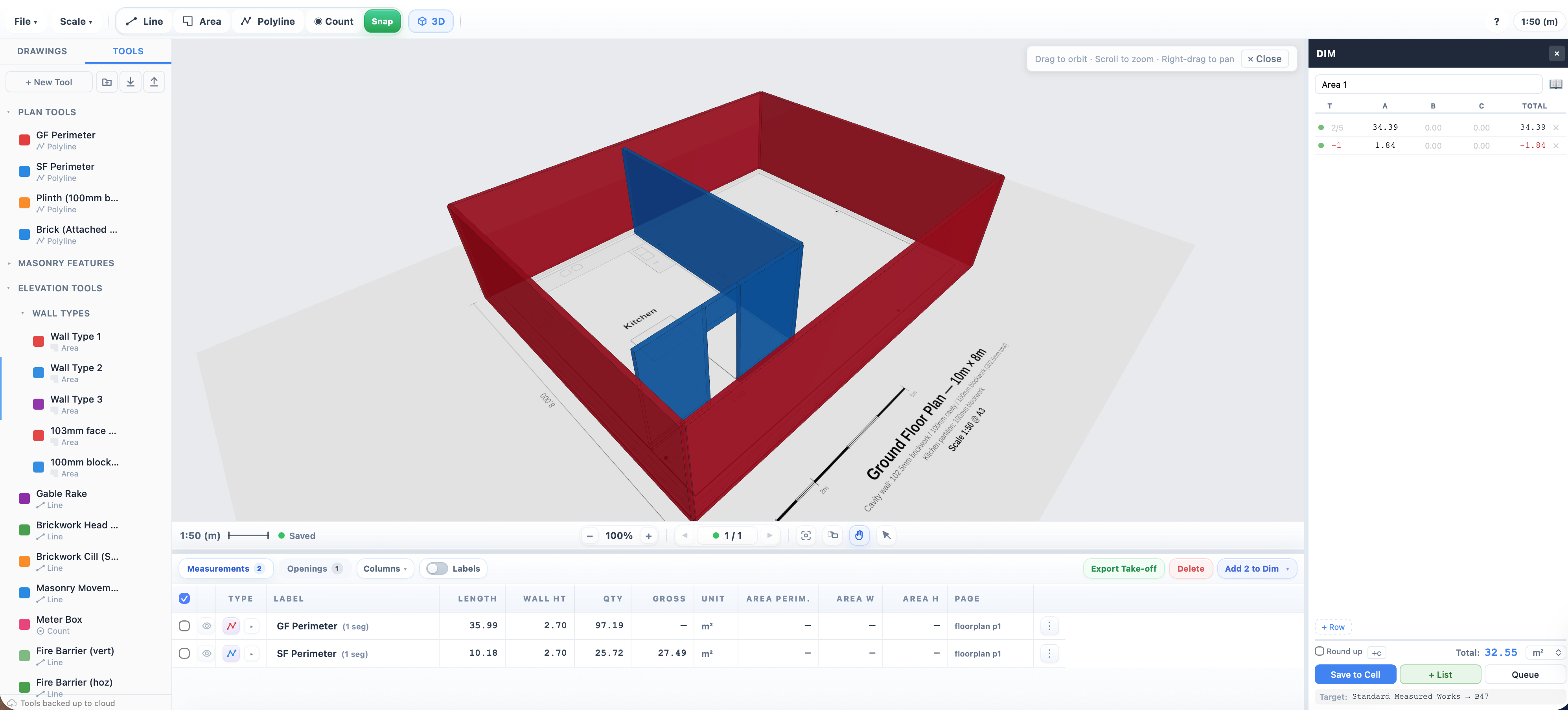 3D view of a floor plan with custom Plan Tools and Wall Types in the sidebar.