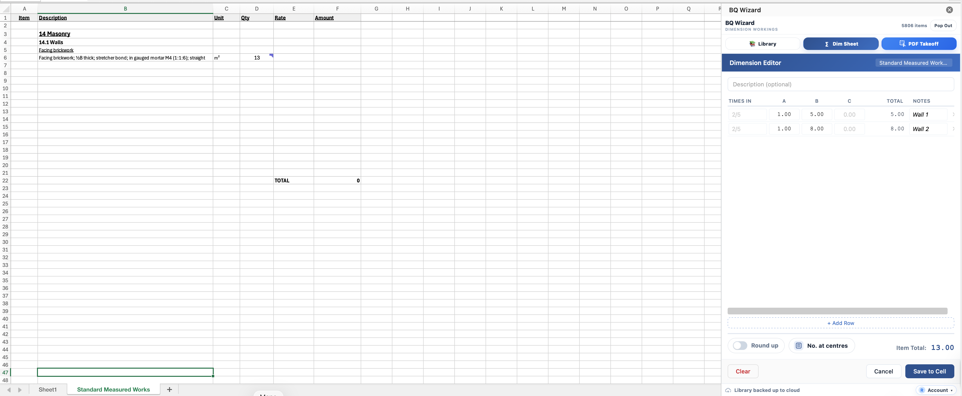 Excel spreadsheet with an NRM item inserted and the Dimension Editor panel open.